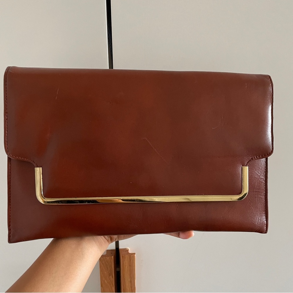 Vintage Brown Leather Clutch with Shoulder Strap